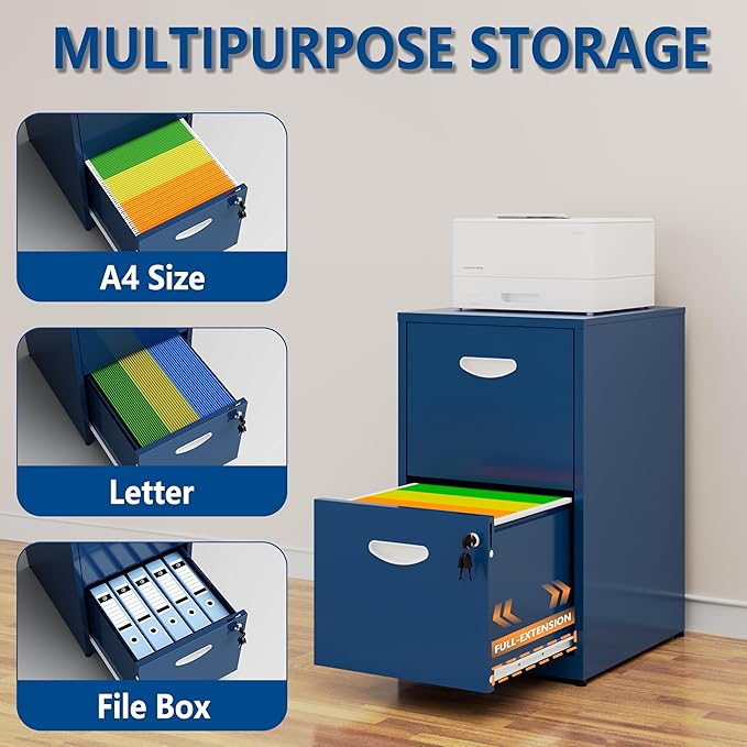 Polup 2 Drawer File Cabinet with Lock, Small Filing Cabinet for Home Office, Metal File Cabinet with Drawers for Under Desk, Blue, Assembly Required