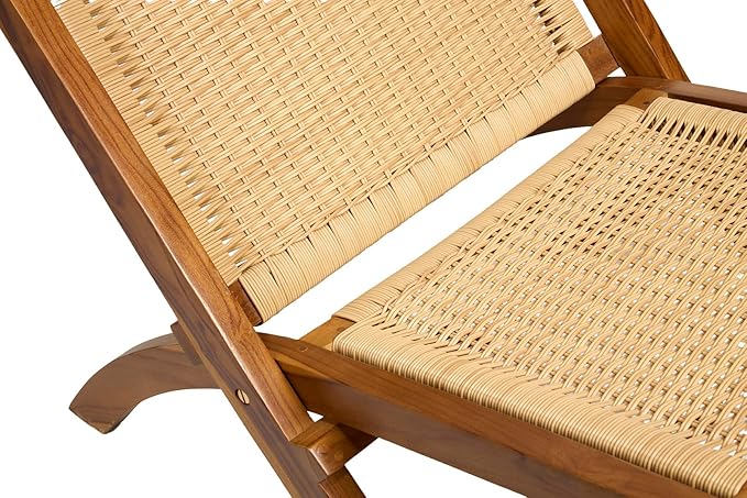 TeakCraft Teak Rattan Lounge Chair – Foldable, Handcrafted Solid Wood Accent Chair with Woven Seat – Mid-Century Modern Recliner for Indoor & Outdoor Use, The Ediz