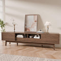 TOLEAD 70" Mid Century Modern TV Stand for TVs up to 75 Inch, Low Profile Entertainment Center with Fluted Sliding Doors & Storage Drawers, Wood TV Console Table for Living Room, Walnut