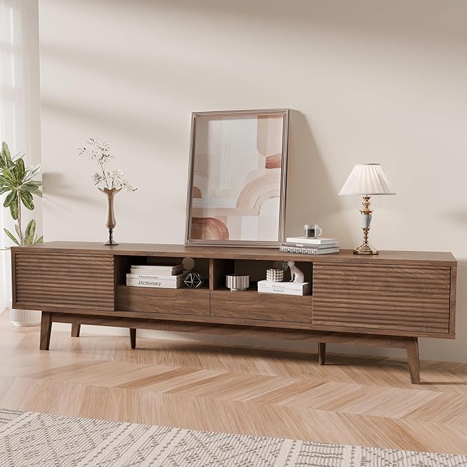 TOLEAD 70" Mid Century Modern TV Stand for TVs up to 75 Inch, Low Profile Entertainment Center with Fluted Sliding Doors & Storage Drawers, Wood TV Console Table for Living Room, Walnut