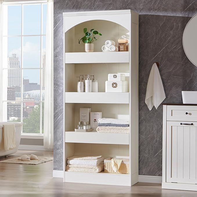 IFGET 76" Tall Arched Bookcase with 1PC Magnetic Lock Drawer, Modern Wooden Arch Bookshelf w/3 Pull-Out Drawers, Farmhouse 4 Tiers Book Shelf w/Open Shelves for Living Room, Office (Antique White)