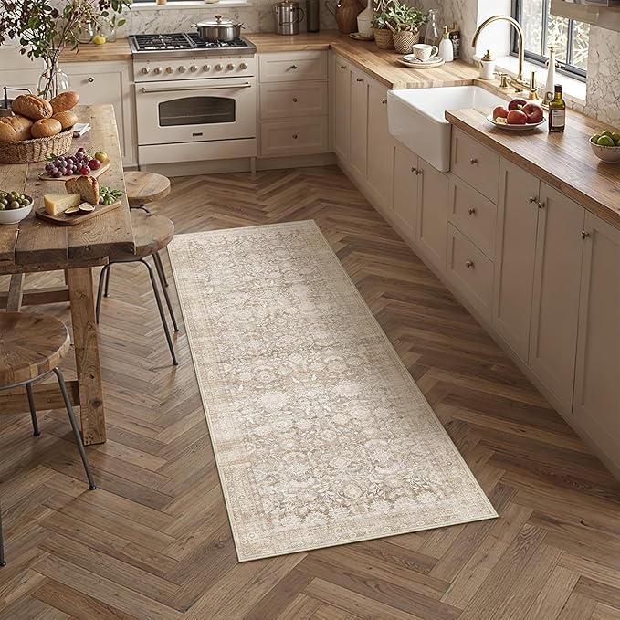 2x6 Beige Washable Floral Hallway Runner Rug Kitchen Vintage Low Pile Non Slip Area Rug Soft Stain Resistant Carpet Distressed Door Mat Entryway Bedroom Living Room Indoor Stair