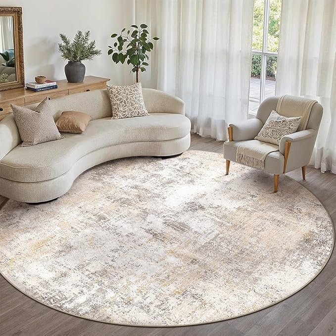 8x8 Washable Round Rug Beige Grey Abstract Non Slip Soft Low Pile Circle Rug for Living Room Bedroom Neutral Modern Indoor Carpet for Dining Room Office Entryway Home Decor