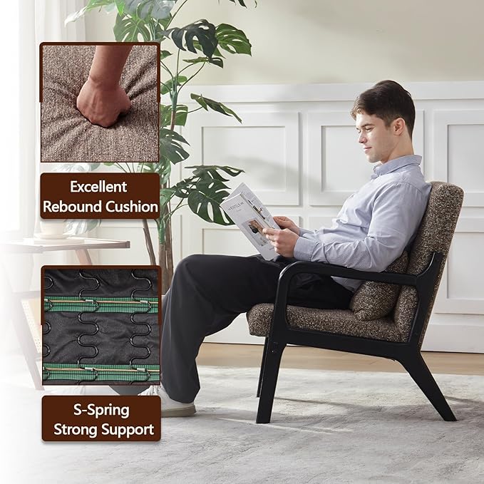 Achicsofar Accent Chair Mid Century Modern Armchair with Lumbar Support Pillow Wood Legs PU Leather Upholstered Lounge Chairs Comfy High Back Cushion for Living Room Bedroom