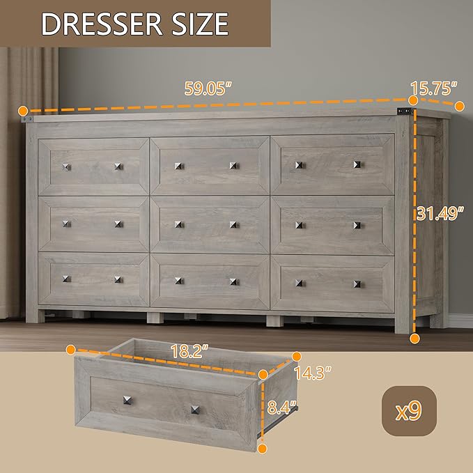 BORNOON 9-Drawer Dresser, Modern Wooden Storage Chest of Drawers, Dresser TV Stand, Wood Drawer Organizer with Metal Handles for Bedroom, Living Room, Hallway