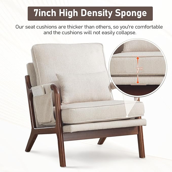 ANJ Mid Century Modern Accent Chair Set of 2, Lounge Reading Armchair with Extra Side Pocket & Detachable Cushion, Comfy Fabric Accent Chairs for Living Room, Bedroom,Beige