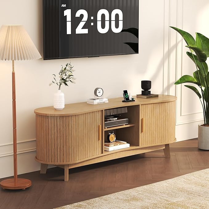 Mid Century Modern TV Stand for 65 Inch TVs, Fluted TV Stands with Open Shelves and Sliding Door, Media Cabinet with Power Outlet, Entertainment Center with Storage for Living Room, Natural
