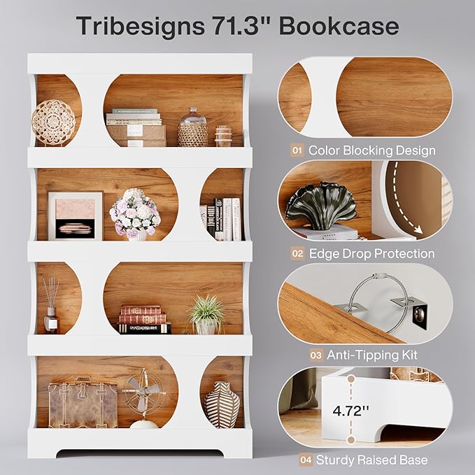 Tribesigns 71" Tall Bookcase, 4-Tier S-Shaped Bookshelf, Wood Decorative Storage Shelving, Modern Freestanding Display Shelves, Large Library Book Shelf Unit for Home Office Living Room, White & Brown