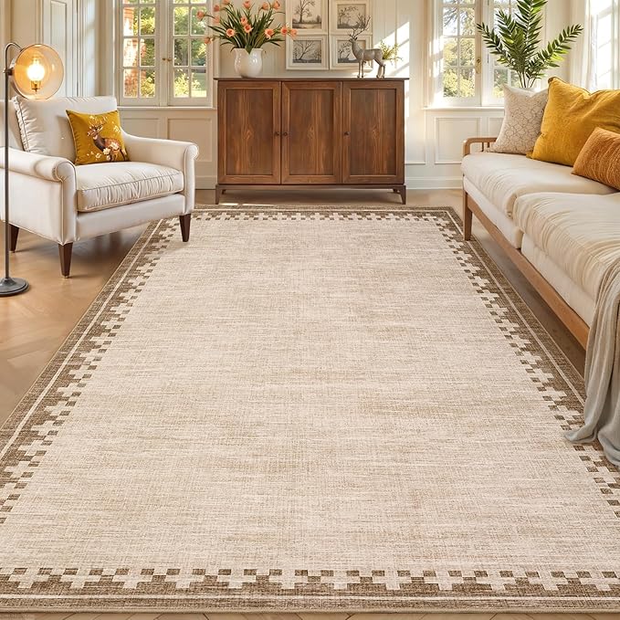 GarveeHome Brown Bordered 10x13 Large Area Rug for Living Room Home Offcie Modern Geometric Washable Indoor Carpet Minimalist Neutral Low Pile Bedroom Rug, Beige