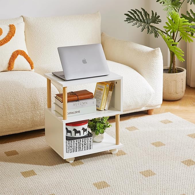 Aibiju Wooden Night Stand with Open Shelf, Nightstand with Wheels, S-Shaped Bed Side Table 3 Tier, 20 inch High End Table White YD-TM155W