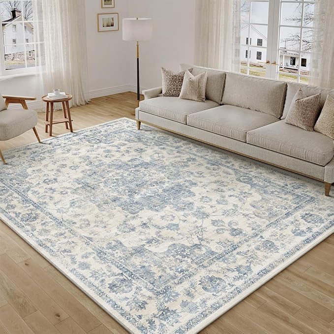 6x9 Washable Neutral Area Rug Blue Vintage Living Room Bedroom Carpet Non-Slip Soft Low Pile Farmhouse Indoor Throw Rug for Dining Room Entryway Office