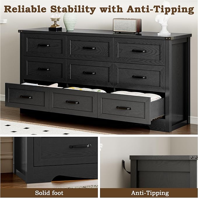 BORNOON 9-Drawer Dresser for Bedroom, Modern Wooden Chest of Drawers with Metal Handles, Anti-Tipping Design, Sturdy and Stable Storage Organizer for Living Room, Entryway, Home Office