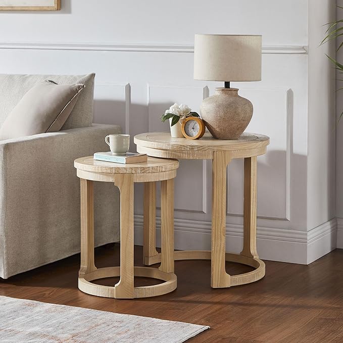 WILLIAMSPACE 24" Round Nesting Coffee Table Set of 2, Solid Wood Coffee Tables Mid Century Rustic Farmhouse Side End Tea Table for Living Room, Apartment (Oak)