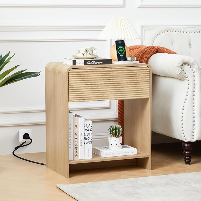 XUZENEST Fluted Nightstand with Charging Station, Mid Century Modern Bed Side Table End Table with Drawer Storage, Large Wooden Night Stands Bedside for Bedroom Living Room Sofa Office, Natural
