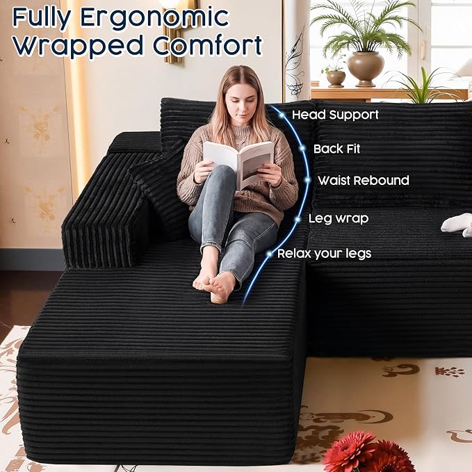 Black Sectional Couch with Ottoman, 108" Cloud Modular Couch for Living Room, Modern U-Shaped Sofa, No Assembly Required - Plush Corduroy Fabric & Deep Seat Comfort (Right Facing Chaise)