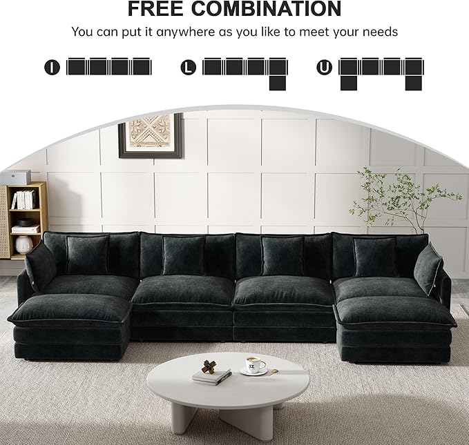 Modular Sectional Sofa, 146.5 Inch U-Shaped Cloud Sofa with Deep Seat Chenille Sofa with Cushions, Four Seater Sectional Sofa for Living Room Apartment,Black