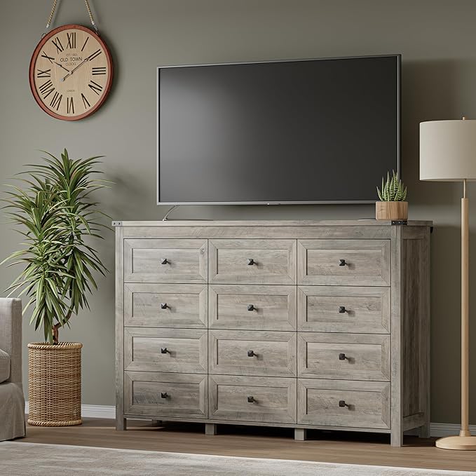 BORNOON 12-Drawer Dresser, Modern Wooden Storage Chest of Drawers, Dresser TV Stand, Wood Drawer Organizer with Metal Handles for Bedroom, Living Room, Hallway