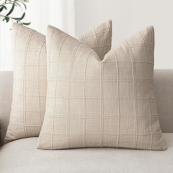 Foindtower Set of 2 Decorative Linen Check Throw Pillow Covers Neutral Farmhouse Vintage Cushion Covers Modern Boho Home Decor for Sofa Chair Couch Bedroom Living Room,18×18 Inch,Natural Linen