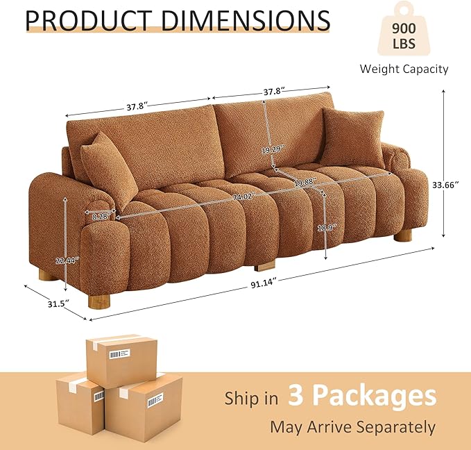 VANOMi Boucle Sofa Couch, 91" Comfy Tufted Upholstered Cloud Couches, Modern 3 Seater Sofa with Pillows, Oversized Deep Seat Sherpa Couch for Living Room, Bedroom, Apartment (Curry)