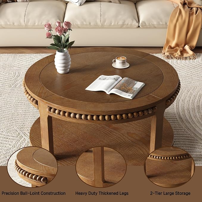 31.5" Round Wood Coffee Table, 2 Tier Modern Center Table,Solid Wood+MDF, Easy Assembly, Accent Table for Living Room, Apartment, Small Space. (Walnut)