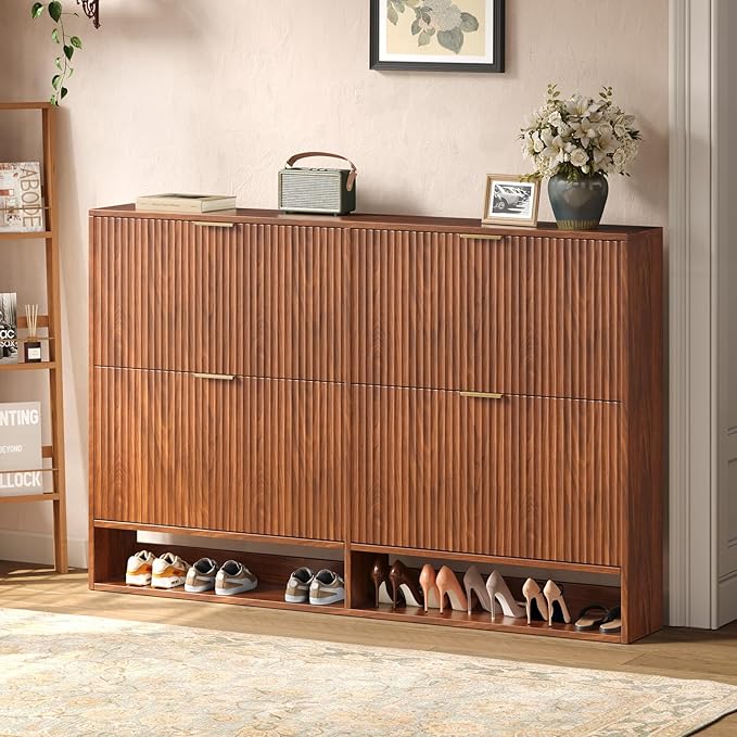 Hootata 47.2''W Walnut Shoe Storage Cabinet for Entryway with 4 Flip Drawers, Fluted Slim Shoe Cabinet, Free Standing Wooden Shoes Organizer for Foyer, Hallway