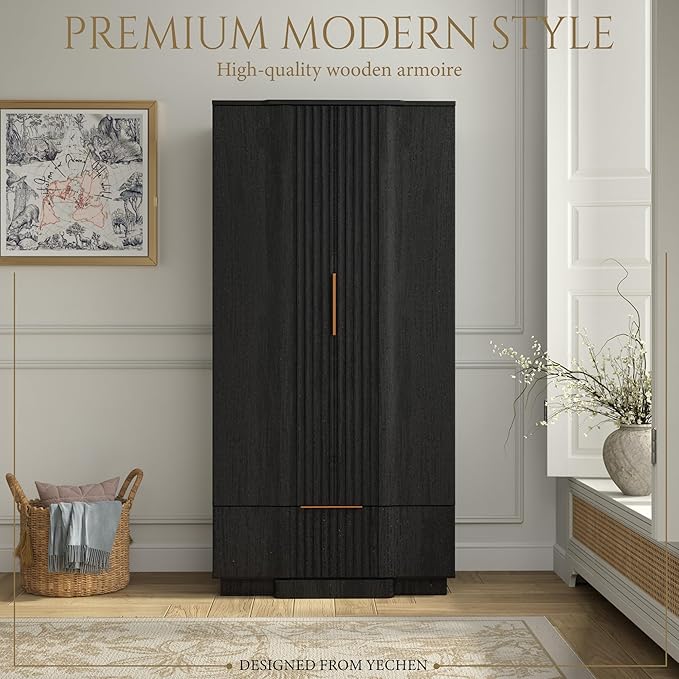 Yechen 67" Fluted Armoire Wardrobe Closet with Doors and Drawer, Wooden Wardrobe Closet Cabinet with Adjustable Shelve, Modern Small Armoires Storage Clothes, Coats for Bedroom, Black