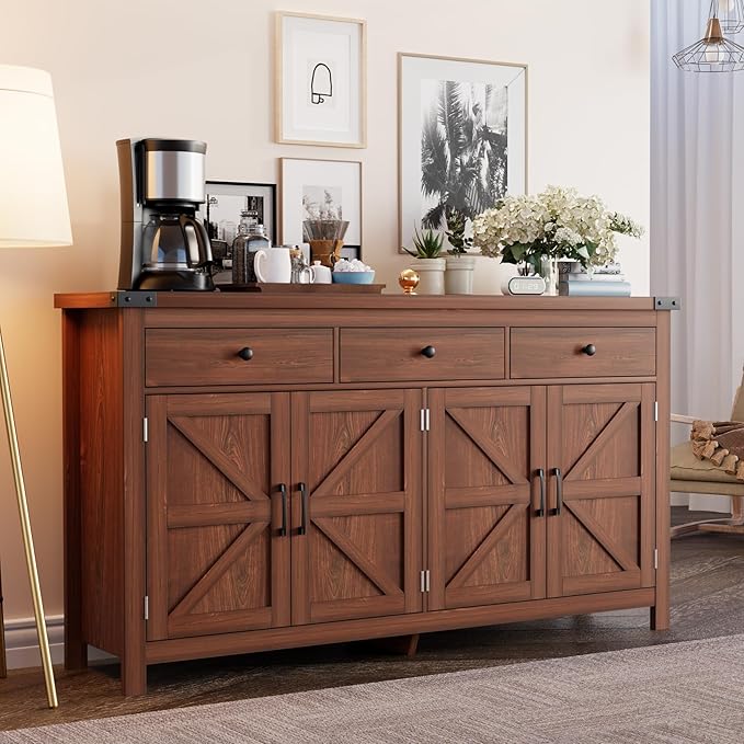 VVFLU 63" Sideboard Buffet Cabinet with Storage, Coffee Bar with 3 Drawers and 4 Barn Doors, Long Wider Storage Cabinet Modern Farmhouse, Cherry Wood, for Kitchen, Dining Room, Living Room