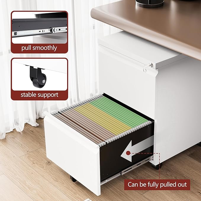 RAVIGIN 2 Drawer File Cabinet，Mobile Filing Cabinet with Lock and Wheels，Fully Assembled Metal Under Desk File Cabinets for A4/Letter/Legal Size（White