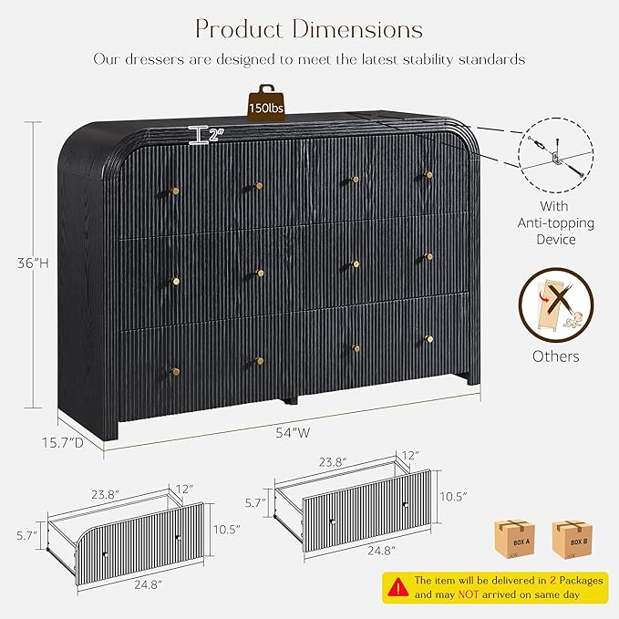 T4TREAM Fluted 6 Drawers Dresser for Bedroom, 54" Wide Modern Chest of Drawers with Thickened Curved Profile Design, Wood Dressers TV Stand for Bedroom, Living Room, Hallway, Black Oak