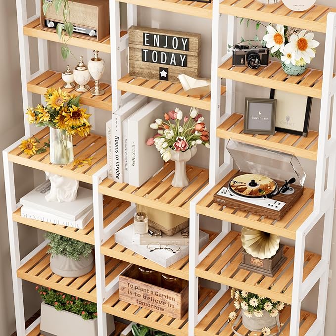 FOTOSOK Bamboo Shelf, 7 Tier Plant Stand Indoor, 3 Row Ladder Shelf, Bookshelf and Bookcase, Corner Display Stand with Adjustable, Flower Stand for Living Room Balcony Kitchen, White and Natural