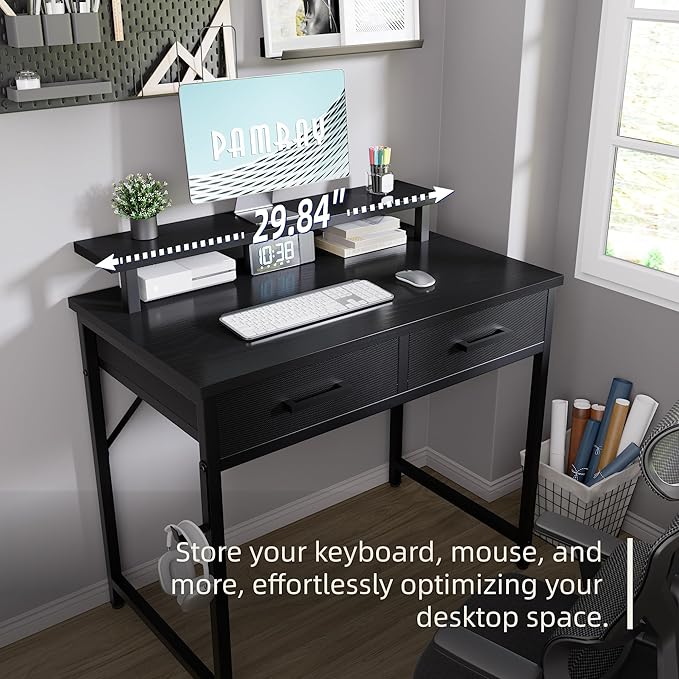 Pamray 32 Inch Small Computer Desk with Monitor Stand Home Office Desks with 2 Drawers for Bedroom Study Writing and Work Table for Small Spaces Black