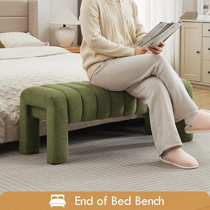 43" Boucle Bed Bench, Upholstered Channel Tufted Bench for Entryway, Accent Window Seat for Living Room, Modern Minimalist Ottoman Foot Stool, Linen Green