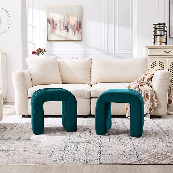 Multi-Functional Ottoman Stool Set of 2, Footrest for Couch, Modern Vanity Stool for Make-up Room, Living Room and Entryway, Small Cute Footstool (Teal Velvet)