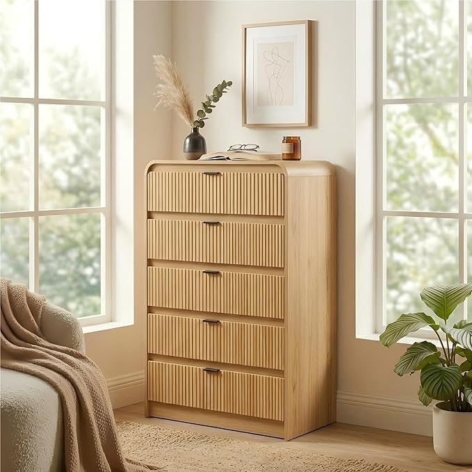 FURSUN Fluted 5 Drawers Dresser for Bedroom, 48" Tall Wooden Modern Dresser with Metal Handle, Curved Profile Design, Storage Organizer for Bedroom, Living Room, Hallway, Natural Oak