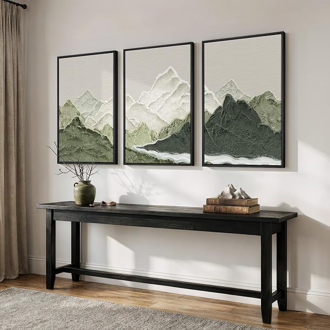 Framed Green Abstract Mountain Wall Art for Living Room, 3 Piece Large Landscape Prints Canvas Artwork for Walls, Modern Minimalist Scenic Pictures Bedroom Dining Room Home Office Wall Decor, 24x36 In
