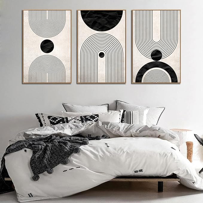 arteWOODS Framed Wall Art Canvas Set Mid Century Boho Pictures Modern Abstract Geometric Wall Decor Minimalist Black Beige Bohemian Painting Artwork for Living Room Bedroom Office 32" x 48" *3 Natural