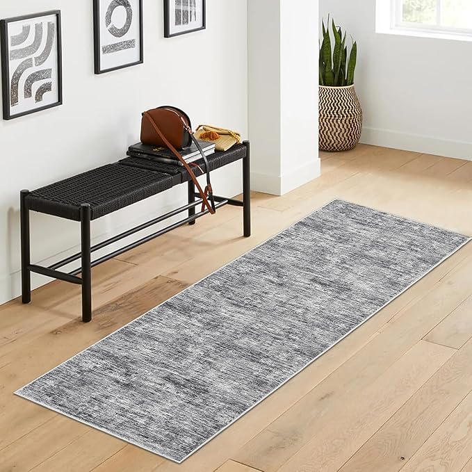 RUGSREAL 2x6 Runner Rug Washable Kitchen Runner Rug Modern Abstract Runner Mat for Hallway Contemporary Solid Rug Non-Slip Foldable Aesthetic Accent Floor Carpet for Living Room Bedroom, Ivory/Grey