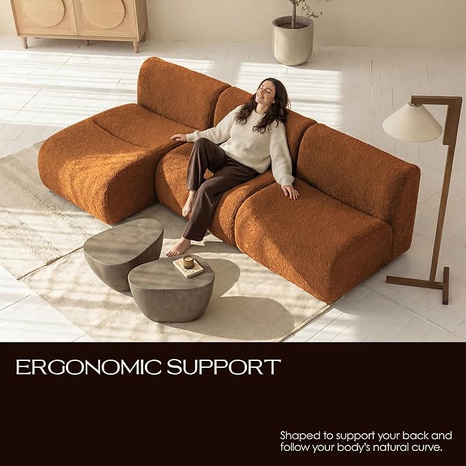 Curved Modular Single Sofa Chair, 33" Foam Boneless Sherpa Couch, Comfy Teddy sofas for Small Spaces, Modern Sectional Couches for Living Room, Bedroom, Apartment, Dorm, Office– No Assembly, Orange