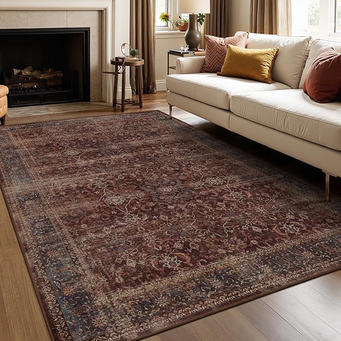 Moody Brick Area Rugs 5x7, Distressed Oriental Living Room Rug Washable, Non Slip Low Pile Thin Carpet Rugs for Bedroom/Dining Room/Home Office/Kitchen, Vintage Brick Red Stain-Resistant