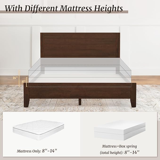 Cozyman Queen Bed Frame with Headboard, 100% Solid Acacia Wood Platform, 800lb Heavy Duty Support with 10 Reinforced Legs, Noise-Free No Box Spring Needed, Low-Profile Design, Walnut