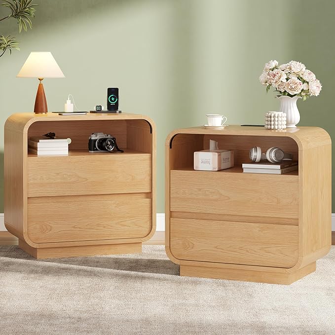 HAUOMS 25" Tall Modern Nightstand with Charging Station, 23.6" Wide Wood Bedside Table w/2 Storage Drawers, Curved Profile Design, Large Mid Century End Table for Bedroom, Living Room, Natural Oak