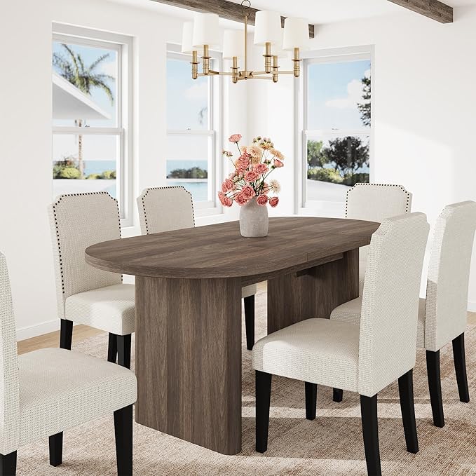 GarveeHome Oval Dining Table for 6-8 People, Long Large Kitchen Table with Thick Sturdy Wooden Base, Farmhouse Dining Room Table for for Kitchen, Living Room, Office (63" Long,Brown)