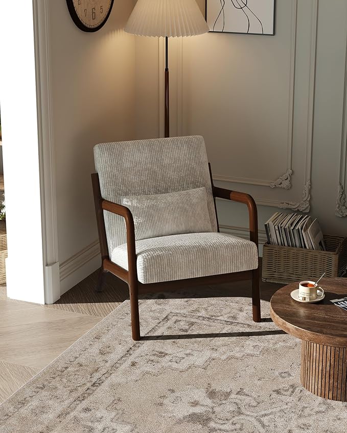 Garvee Mid-Century Modern Accent Chair, Wide-Wale Corduroy Upholstery, Solid Wood Armchair with Removable Lumbar Pillow, Sturdy Reading Chair for Living Room, Bedroom, Guest Room, Easy Assembly, Beige