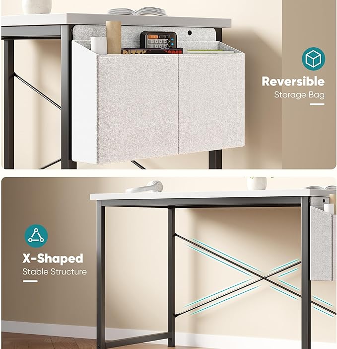 OLIXIS Computer Desk 47 Inch Home Office Desks for Small Spaces, Gaming Writing Study Work Table with Storage Bag and Headphone Hook for Bedroom, White