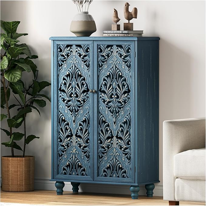 JOINICE 47" Tall Accent Cabinet with Navy Blue Mandala Carved Doors, Solid Wood Legs Storage Cabinet with 100 lbs Capacity, Boho Farmhouse Sideboard Buffet for Entryway, Living Room & Coffee Bar