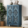 JOINICE 47" Tall Accent Cabinet with Navy Blue Mandala Carved Doors, Solid Wood Legs Storage Cabinet with 100 lbs Capacity, Boho Farmhouse Sideboard Buffet for Entryway, Living Room & Coffee Bar