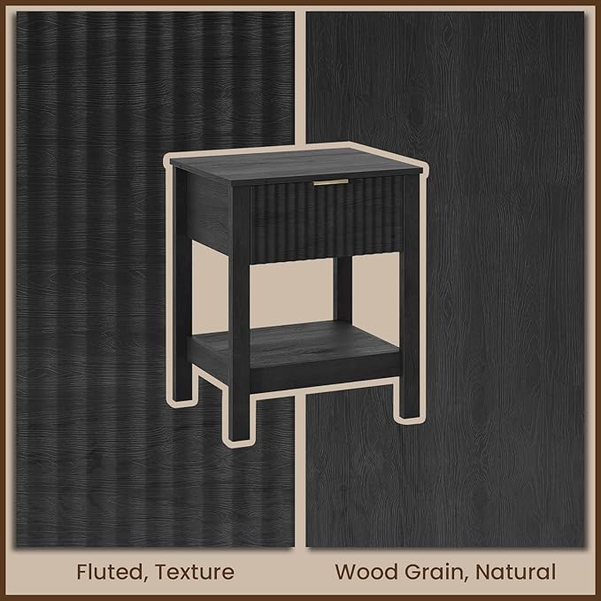Fluted Night Stand with Golden Handle,Mid-Century Nightstands with Drawer,Modern Bedside Table with Storage Shelf,Large Wood End Tables for Livingroom,Bed Side Tables for Bedroom,Black