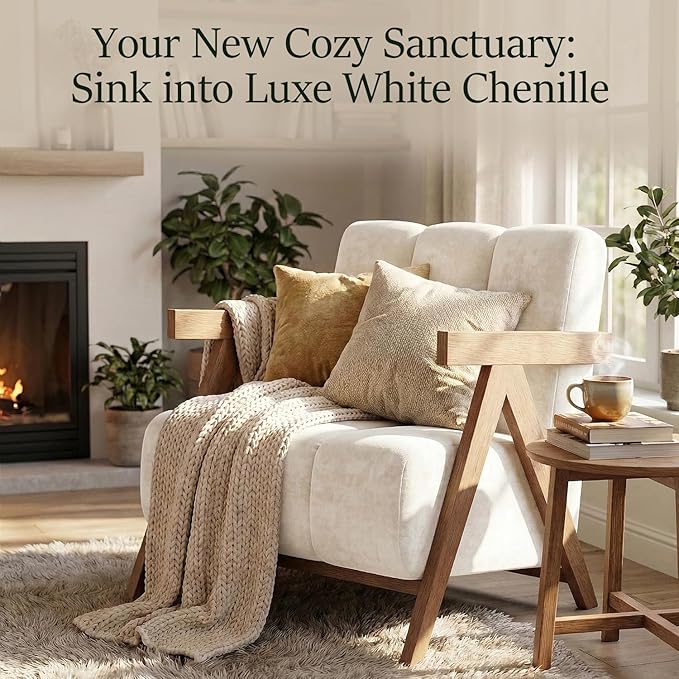 Modern Accent Chair Set of 2 for Living Room Bedroom,Comfy Chenille Reading Chair with Wood Frame,Upholstered Lounge Armchair with Thick High-Elastic Sponge for Apartment & Waiting Room(White,2)