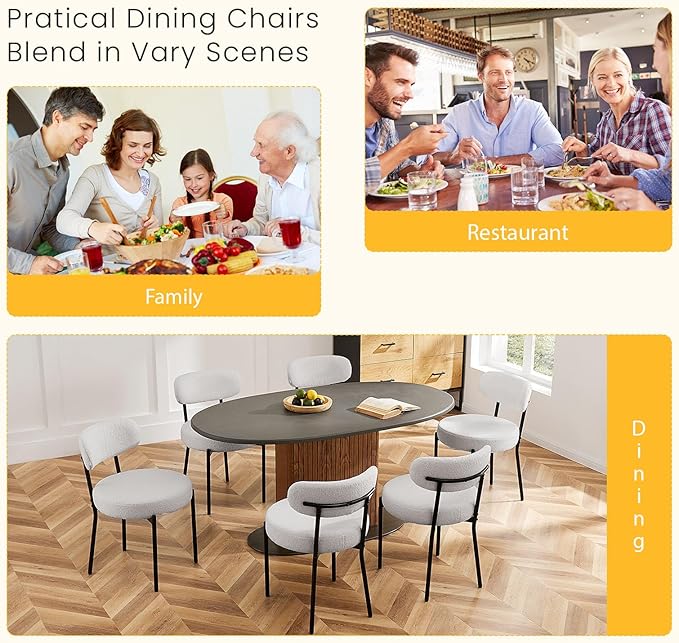 DUMOS Dining Chairs Set of 4, Mid Century Modern Chair Round Upholstered Curved Backrest, Kitchen Vanity Living Room Chairs with Black Metal Legs，Classic Grey