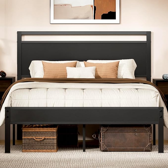 Easy to Assemble Queen Bed Frame with Wood Headboard & Footboard, Tool-Free Metal Platform Bed Frame, Upgraded Heavy Duty Sturdy Foundation, No Noise, No Box Spring Needed,Large Under Storage, Black